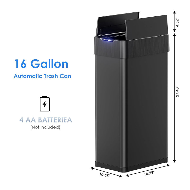 Poubelle automatique 16 gallons, poubelle à capteur de mouvement en acier inoxydable, poubelle brossée sans contact, avec papillon, couvercle à fermeture en douceur