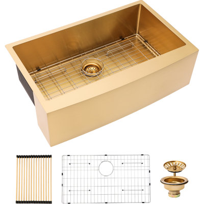36" Gold Sink - Stainless Steel 16 Gauge. And Hygienic. Pot Bowl Bump. No Build-Up. R10 Rounded Corner Design. Includes Sink, Rack, Bottom Grid, Installation Clips, Strainer Drain, Manual Gauge