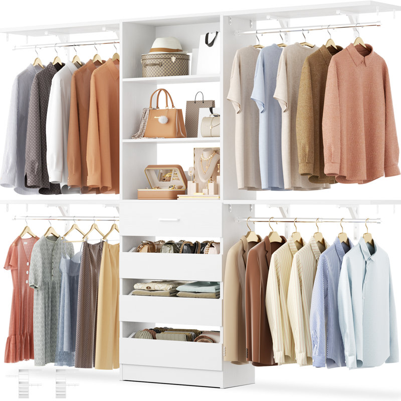 Garde-robe de 96 po avec 4 tiroirs, 4 tablettes et 4 portants à vêtements, Bois de chêne