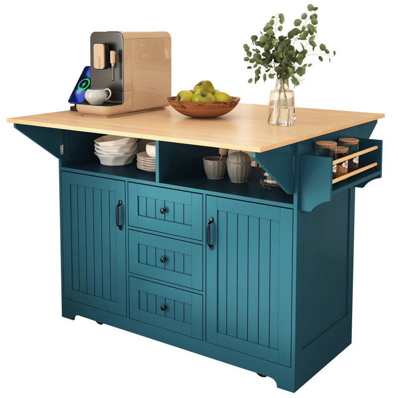 Îlot de cuisine de 55,7 po avec fonction pliante, 2 abattants, centrale électrique, 3 tiroirs et une apparence luxueuse, table de salle à manger spacieuse de style Empire,