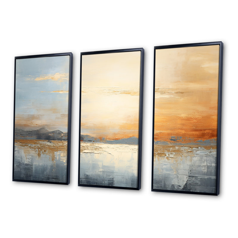 Minimalisme beige et doré coucher de soleil, Cadre flottant noir, H 28 po x l 36 po x P 1 po