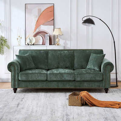 Canapé 86 po moderne à 3 places avec accoudoirs roulés, canapé rembourré en chenille avec pieds en bois et garniture cloutée pour salon, appartement