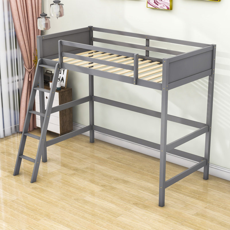Kids Twin Loft Bed with Guardrail, Gray