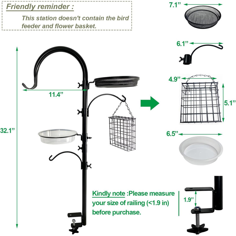 Upgraded Bird Feeding Station Kit,Deck Railing Mounted Birds Feeder Pole For Balcony With 3 Hooks
