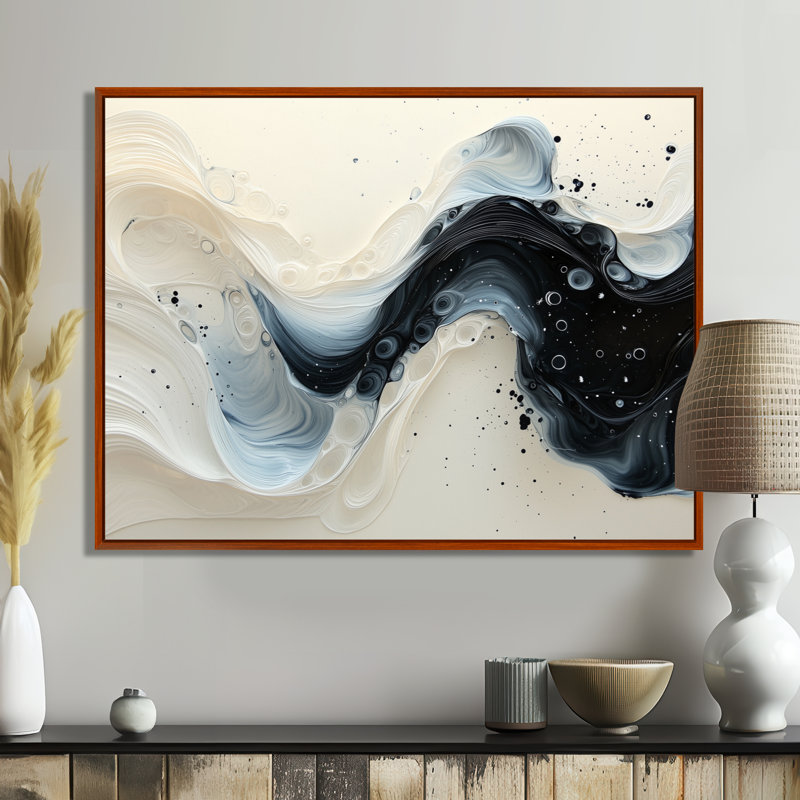 Chesham noir et blanc, Sprial, encre rythmique, rivière I - goutte, peinture sur toile, art mural, H 12 po x l 20 po, Brun
