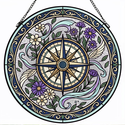 Compass Floral Stained Glass Window Panel，12"H