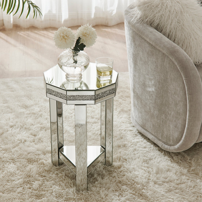 Table de bout à miroir en octogone avec incrustation de cristaux, petit canapé moderne à 2 niveaux avec rangement, table d'appoint décorative pour le salon, la chambre à coucher, le café et les petits espaces