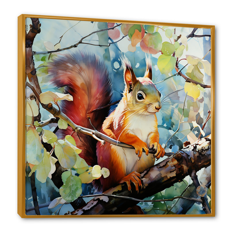 Curieux écureuil en été III - Écureuil, art mural animal, Cadre flottant doré, H 30 po x l 30 po x P 1,5 po