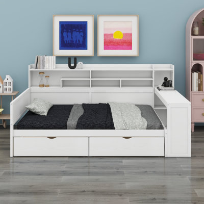 Wooden Daybed With Storage Shelves,Two Storage Drawers And Study Desk