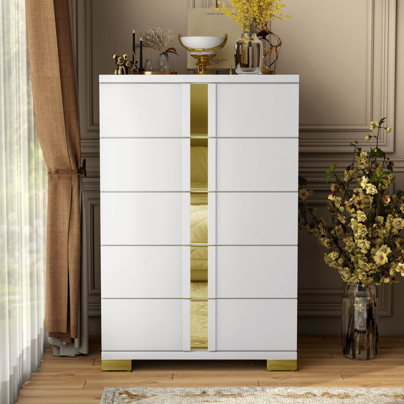 Commode 5 tiroirs Clemson, Blanc / Doré