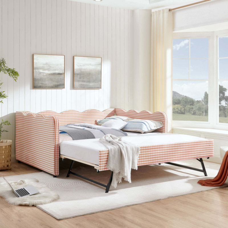 Lit de jour confortable à carreaux vichy avec lit gigogne (sans sommier), port USB et adorable tissu en lin à motif ondulé.