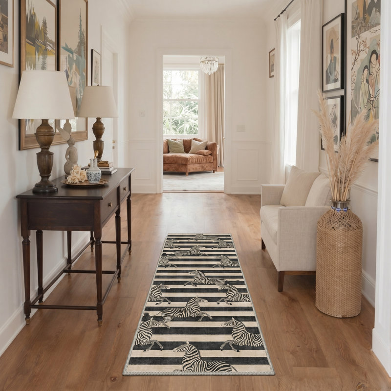 Zebra Striped Animal Print Black / Beige Machine Washable Non Slip Runner Rug for Hallway Kitchen, Runner 2' x 7'