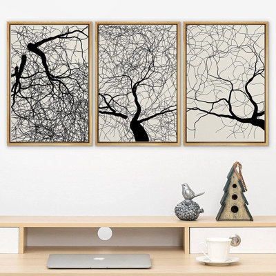 Signe, reproduction d'art sur toile encadrée, ensemble bicolore, forêt sombre, branche d'arbre, paysage, formes abstraites, illustrations, art moderne boho décoratif pour le salon, la chambre à coucher, le bureau - 2204-M05 - noir