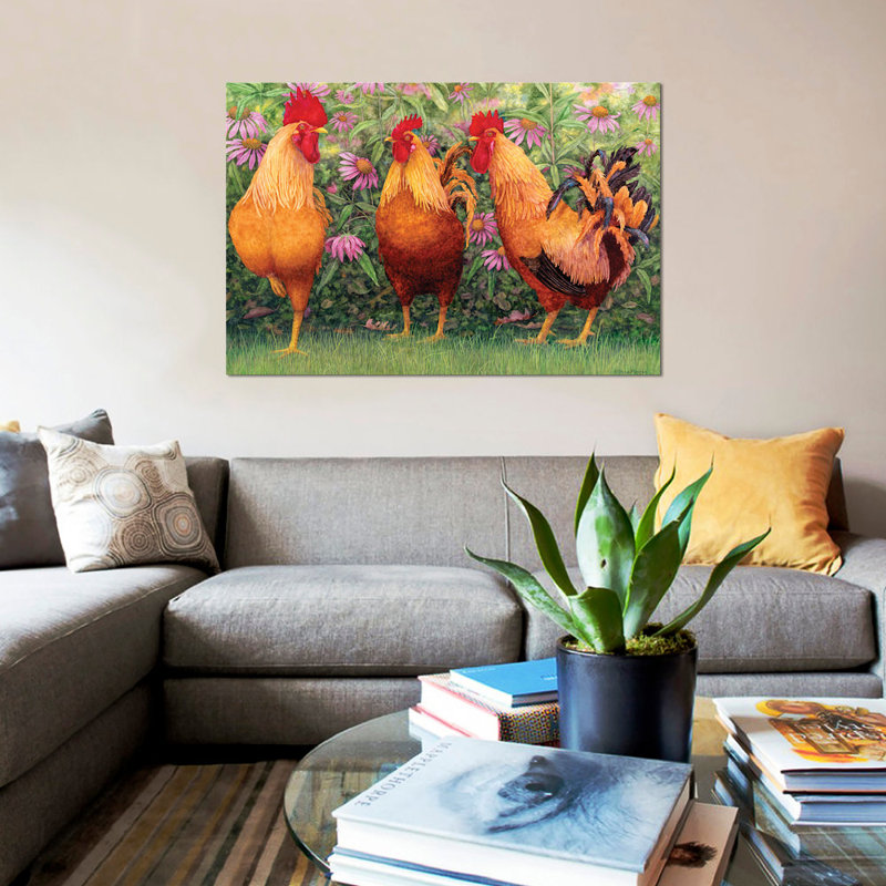 «Roosters en Place I», impression sur toile, H 12 po x l 18 po x P 1,5 po, Papier d'art encadré noir, Pas de tapis