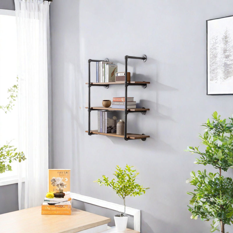 Industrial Retro Pipe Shelf 24In 3 Tier Wall Mounted,Rustic Floating Shelves,Farmhouse Kitchen Bar Shelving,Home Decor Book Shelves,DIY Bookshelf Hanging Wall Shelves