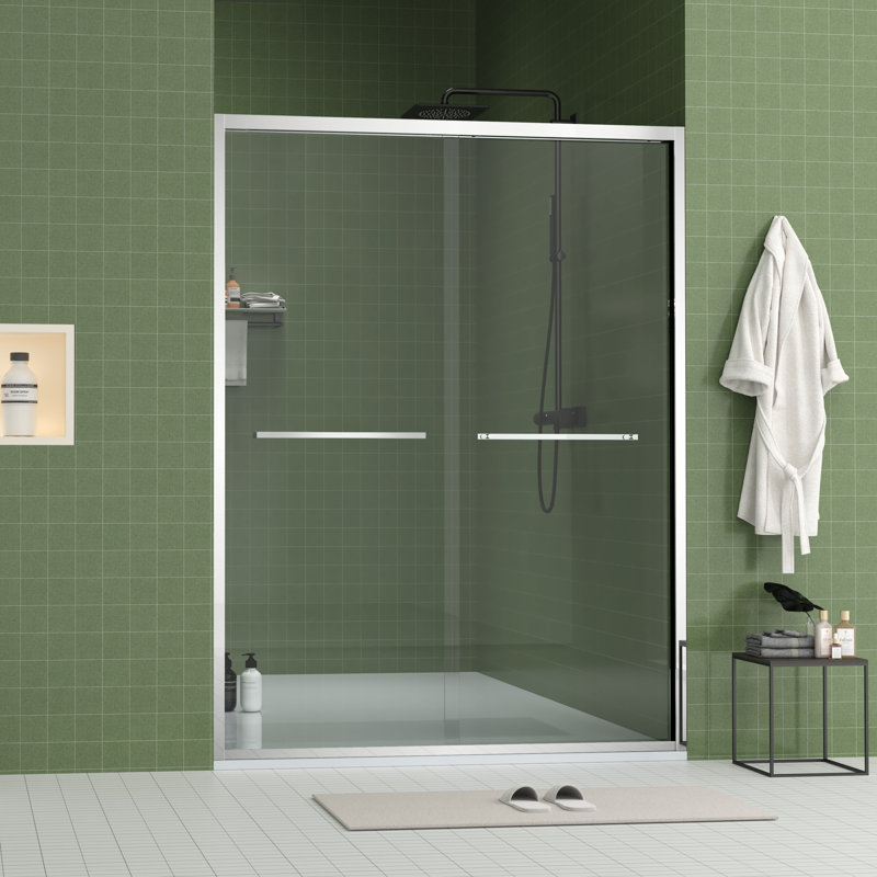 60" Wide And 70" High Aluminum Frame Bypass Bathroom Sliding Door With Double Handle As Towel Rail, - Crash Angle, Mute Rollers, Easy To Install 56 Adjustable Width 8mm & Tempered Glass, Stainless