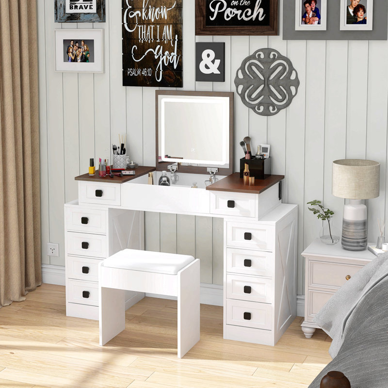 Bureau de coiffeuse avec lumière DEL à intensité variable avec 10 tiroirs, table de maquillage avec miroir rabattable