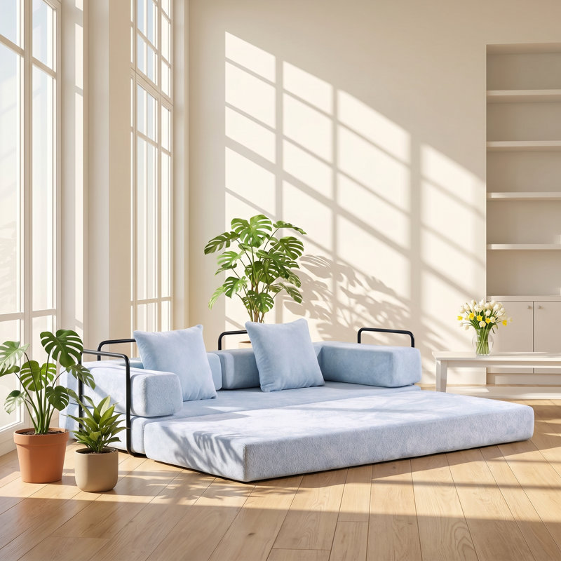 YooDoHome 76.77" W x 37.4" D x 23.62" H Chenille Convertible Floor Sofa Bed, Blue Boucle, Iron