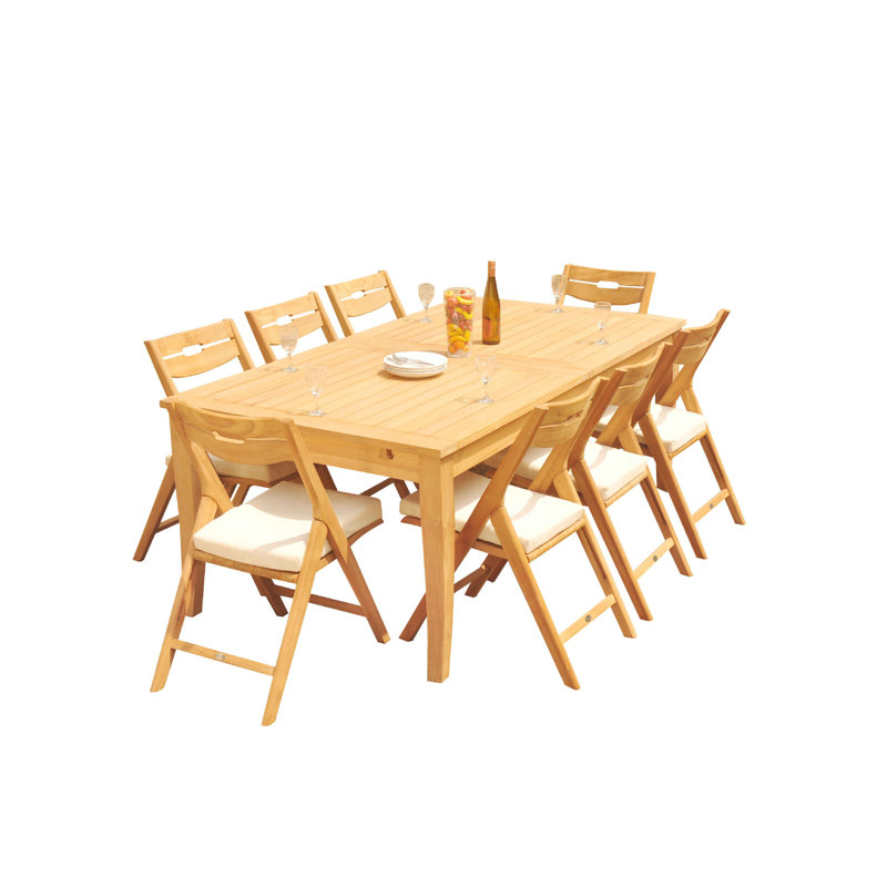 Natural Teak Rectangular Outdoor Dining Set with 8 Folding Chairs