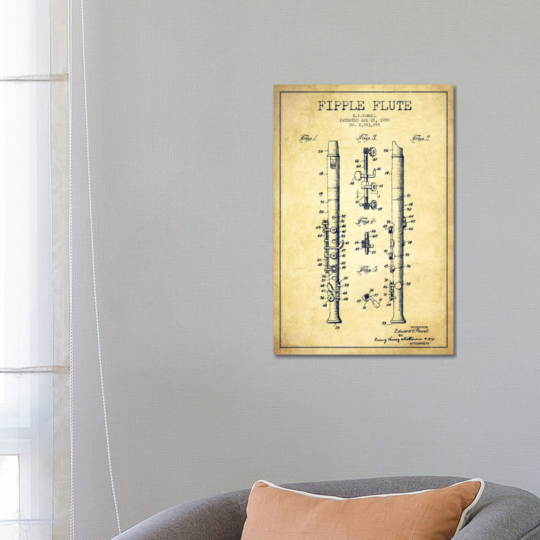 Fipple Flute Vintage Patent Blueprint von Aged Pixel - Gallery-Wrapped Canvas Giclée on Canvas