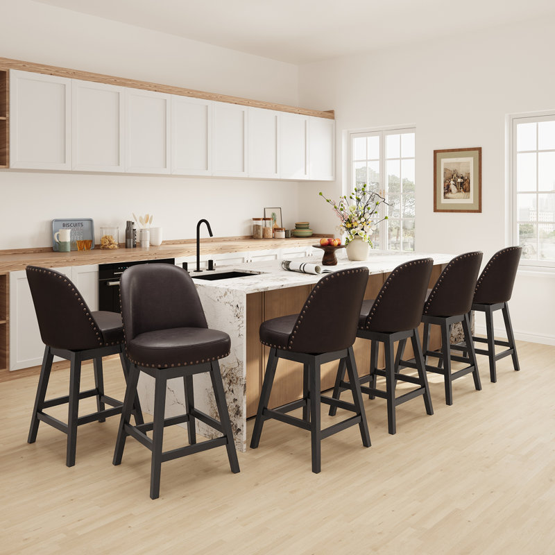 Vintage Upholstered Swivel Bar Stool with Solid Wood Legs, Dark Brown