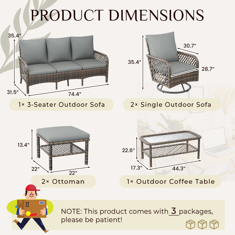 Outdoor Couch And High Back Swivel Rocker Patio Chairs With Ottoman, Dark Gray