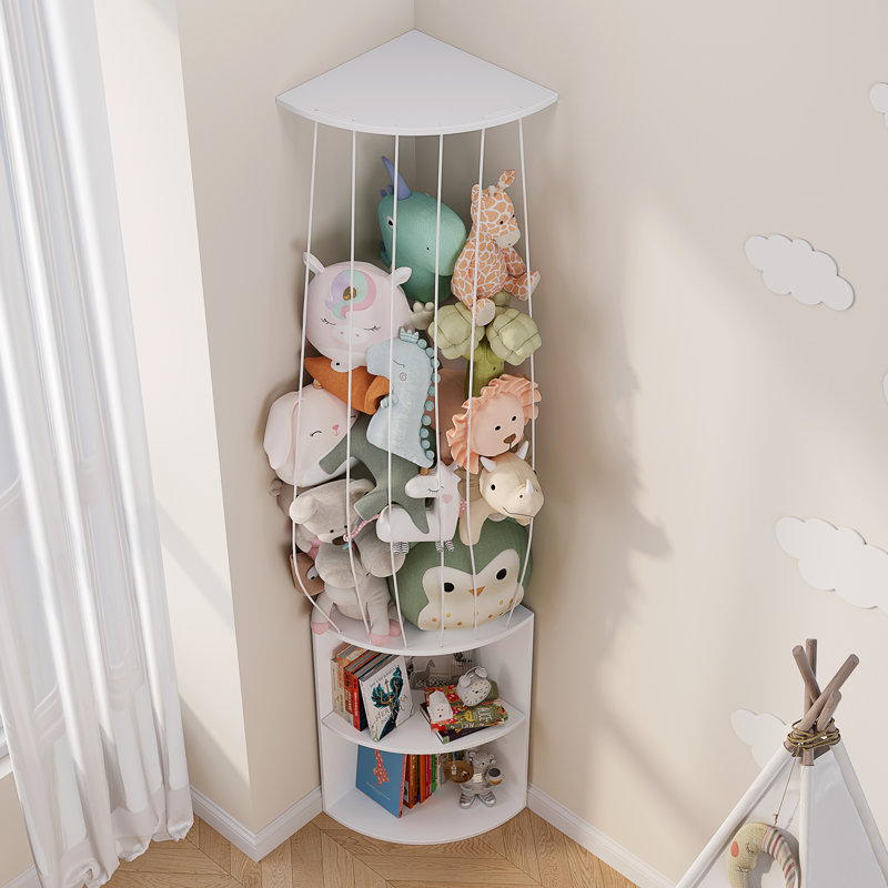 Rangement pour animaux en peluche 74 po avec bande élastique réglable, bibliothèque de coin pour enfants à 2 niveaux, bibliothèque murale pour chambre d'enfant, salle de jeux, chambre de bébé, blanc