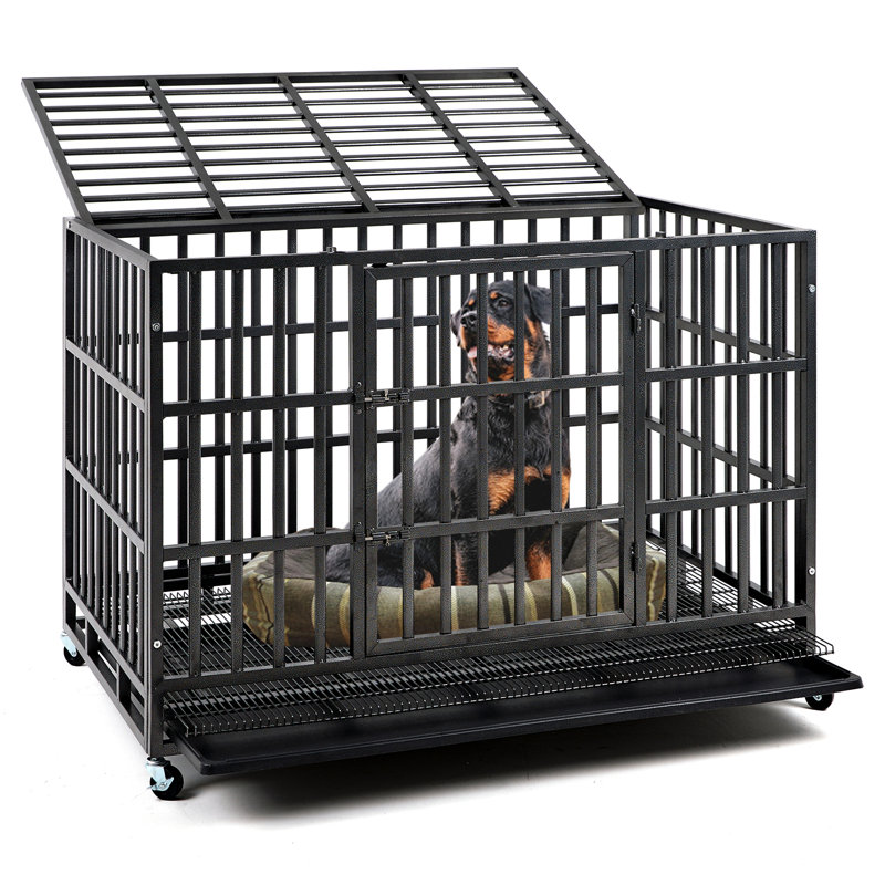 Meuble de 38 po pour cage robuste avec double porte, cage pliable en acier indestructible pour cage de chien avec roues verrouillables et plateau amovible, pour chiens de taille moyenne / grande