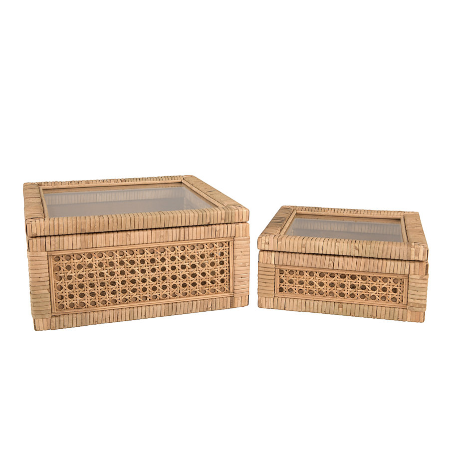 Cane And Rattan Display Boxes With Glass Lid, Set Of 2