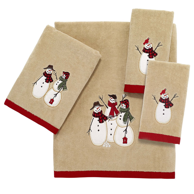 Tan Cotton Christmas Snowman Fingertip Towels Set of Four