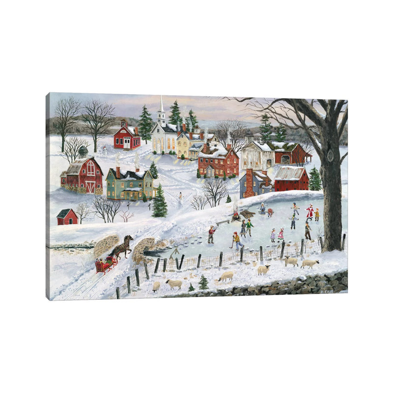«The Red Sleigh» par Bob Fair - peinture sur toile tendue, H 12 po x l 18 po x 1,5 po
