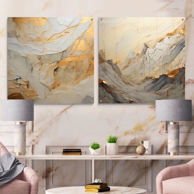 Beige et or, pierre de glacier Simplicity II - formes abstraites, ensemble d'acryliques sur verre, ensemble de 2