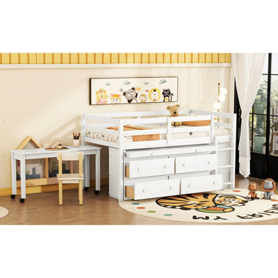 Lit mezzanine en bois avec bureau et étagères pour une formation efficace - Bureau simple à 4 tiroirs, gris, fabriqué en bois massif