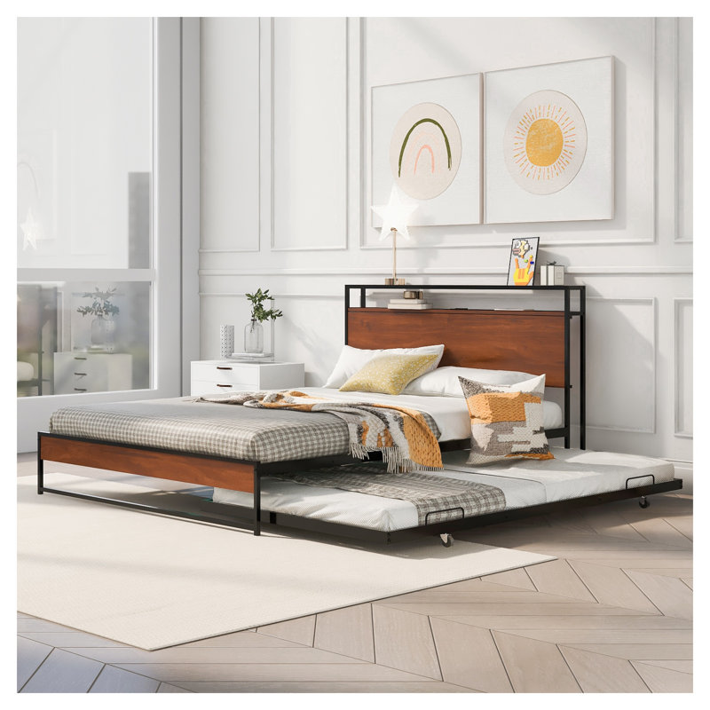 Structure de lit plateforme grand en métal avec lit gigogne, ports de chargement USB et tablette de rangement, tête de lit en bois noir moderne