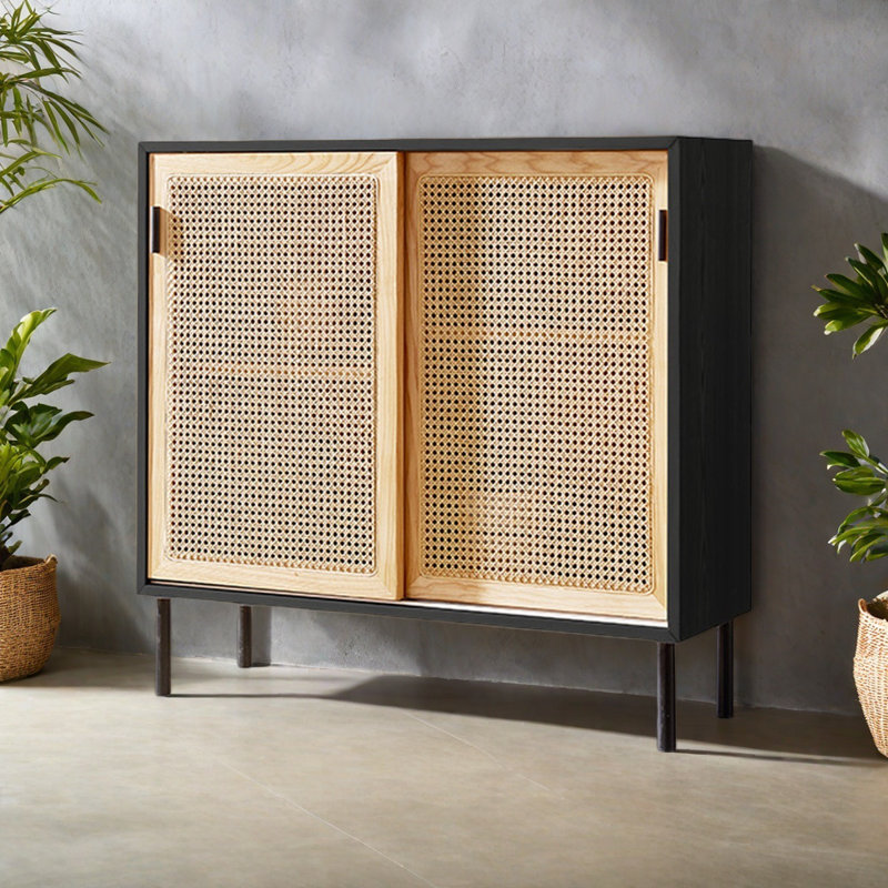 Armoire de rangement en rotin tissé, Noir / Burlywood