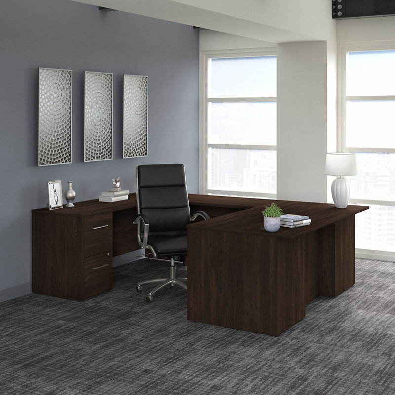 Ensemble de bureau de direction en U avec tiroirs et chaise à dossier haut 72 W Office 500, Noyer noir