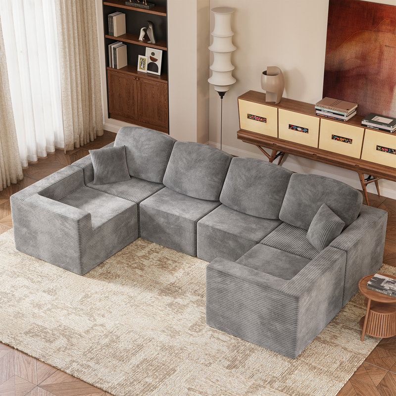 Boneless L-Shaped Modular Sectional Couch, Cloud U-Shaped Sectional Sofa with Wide Armrest, Gray Corduroy