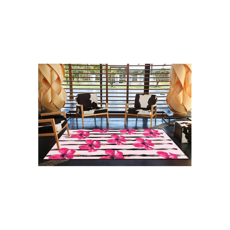 Tapis décoratif à rayures géométriques roses et modernes, Rectangle 5 pi 2 po x 7 pi 7 po