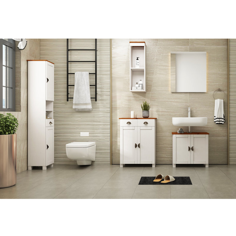 Milone Solid Wood Bathroom Storage, White/Honey