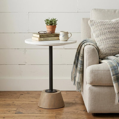 Table d'appoint ronde sur piédestal en fer et bois massif, 61 cm (24 po), marbre blanc, noir et naturel