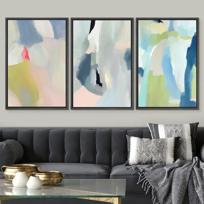 IDEA4WALL Framed Canvas Print Wall Art Set Vibrant Pastel Paint Stroke Collage Shapes Abstract Illustrations Modern Art Decorative Nordic Calm/Zen For Living Room, Bedroom, Office