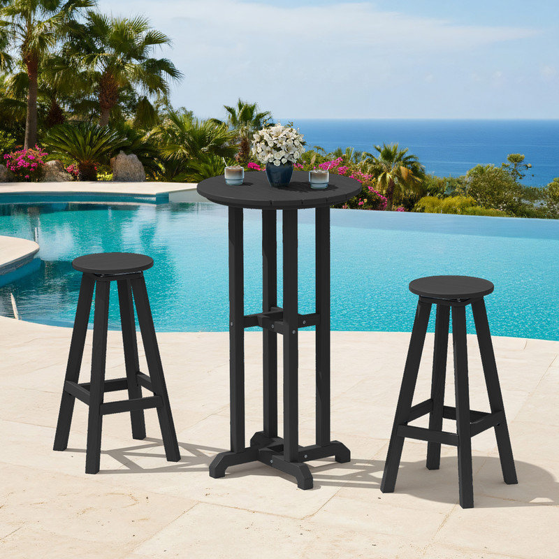 Ensemble de 3 tabourets de bar et table ronde HDPE, Noir