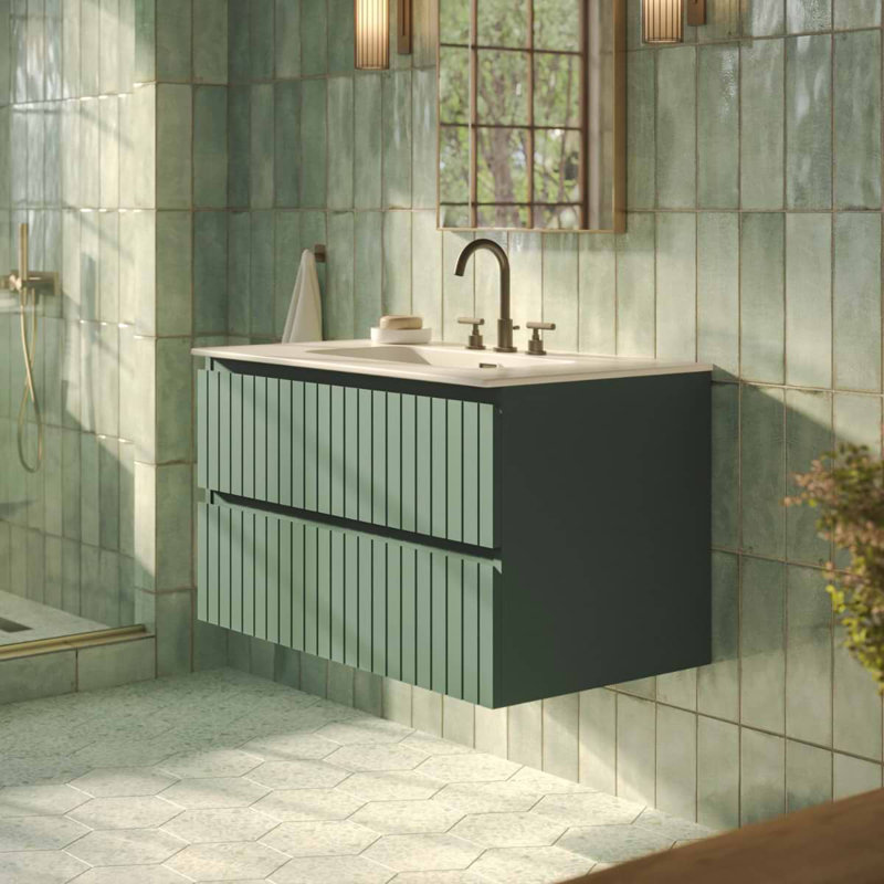 Meuble-lavabo simple flottant cannelé 36 po Atharv, Vert forêt, 36" W