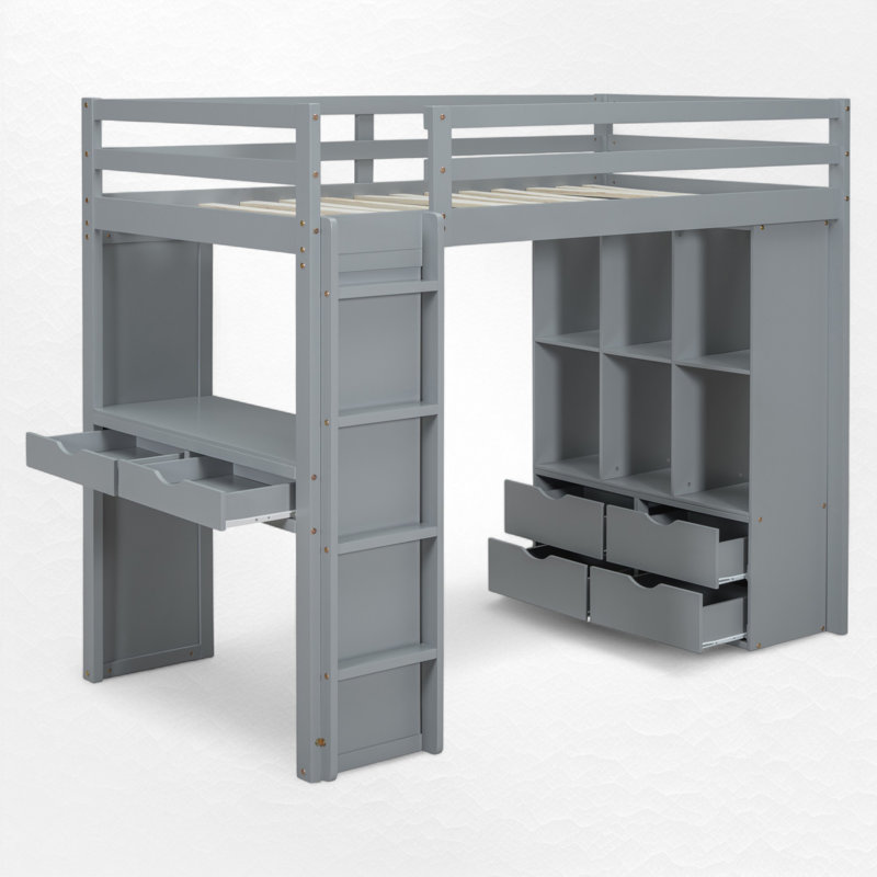 Lit mezzanine avec bureau intégré et rangement, Gris, Double