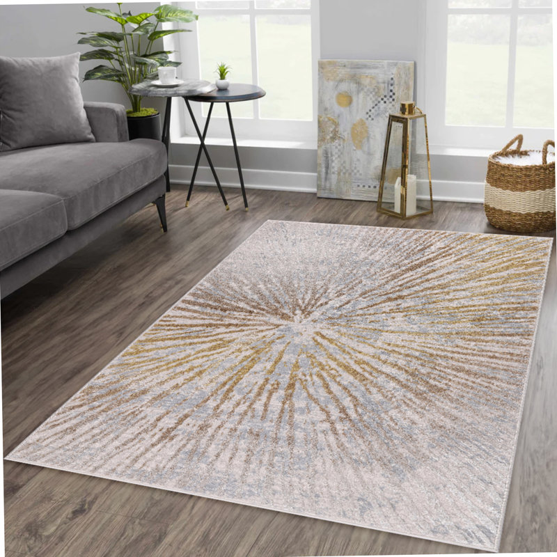 Ilios Collection Abstract Gold and Gray Starburst Rug, Rectangle 2' x 3'