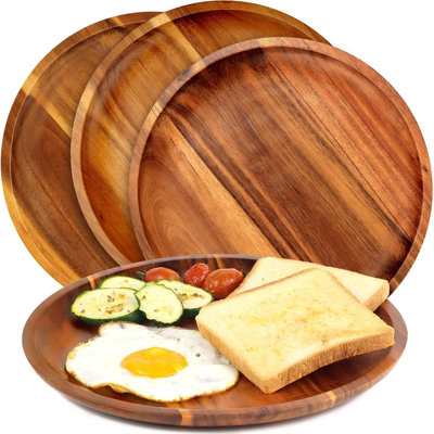 Ensemble de 4 assiettes de 11 po en bois d'acacia - Conception classique incassable, facile à nettoyer, légère pour la vaisselle, les collations, les desserts, la pendaison de crémaillère et les cadeaux de Noël