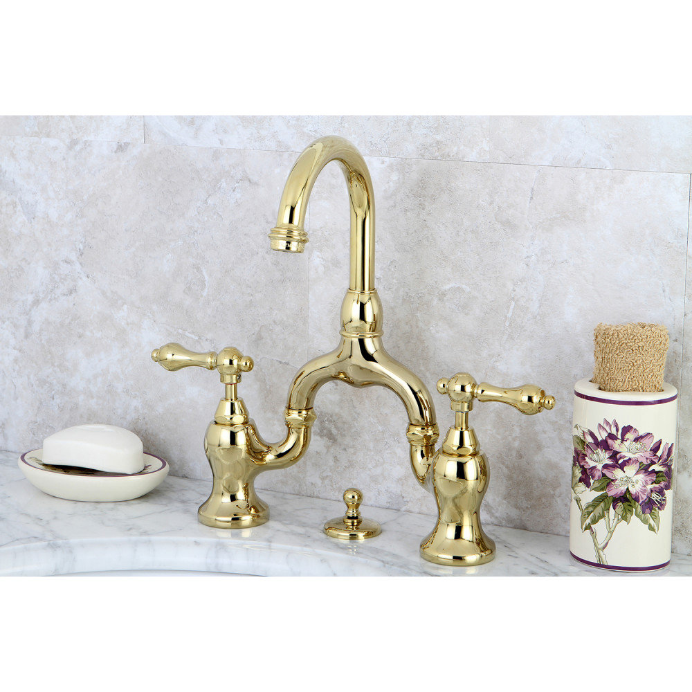 Kingston Brass English Country Two-Handle 3-Hole Deck Mount Bridge Bathroom Faucet with Brass Pop-Up, Polished Brass