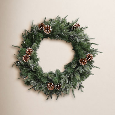 24" Artificial Large Winter Pre-Lit Wreath Farmhouse Cedar Christmas Wreath For Front Door With LED Lights