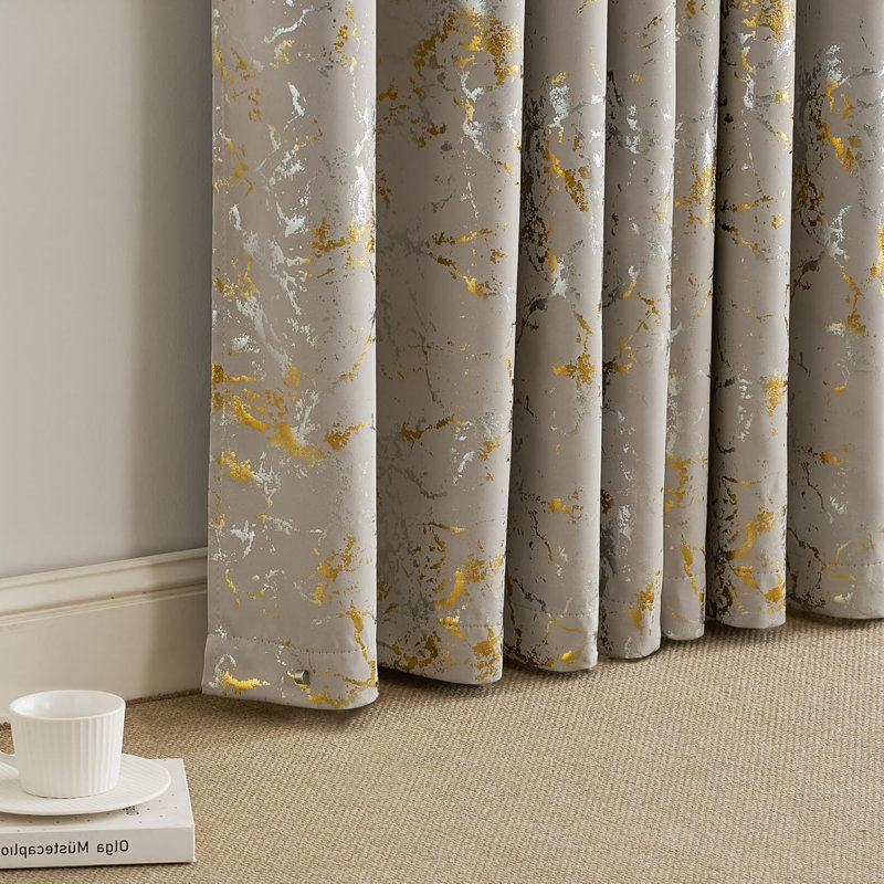 100% Blackout Curtains, Grommet Pattern Gold Foil Printed Window Treatments Room Darkening Drapes for Bedroom, 2 Panels