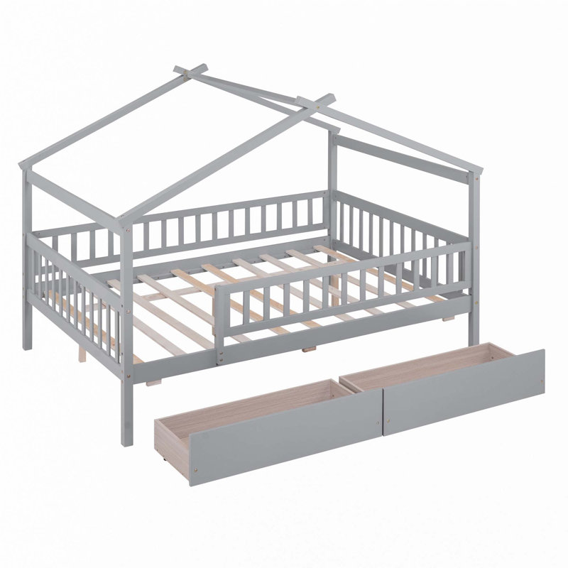 Lit en bois avec deux tiroirs, Gris, Double